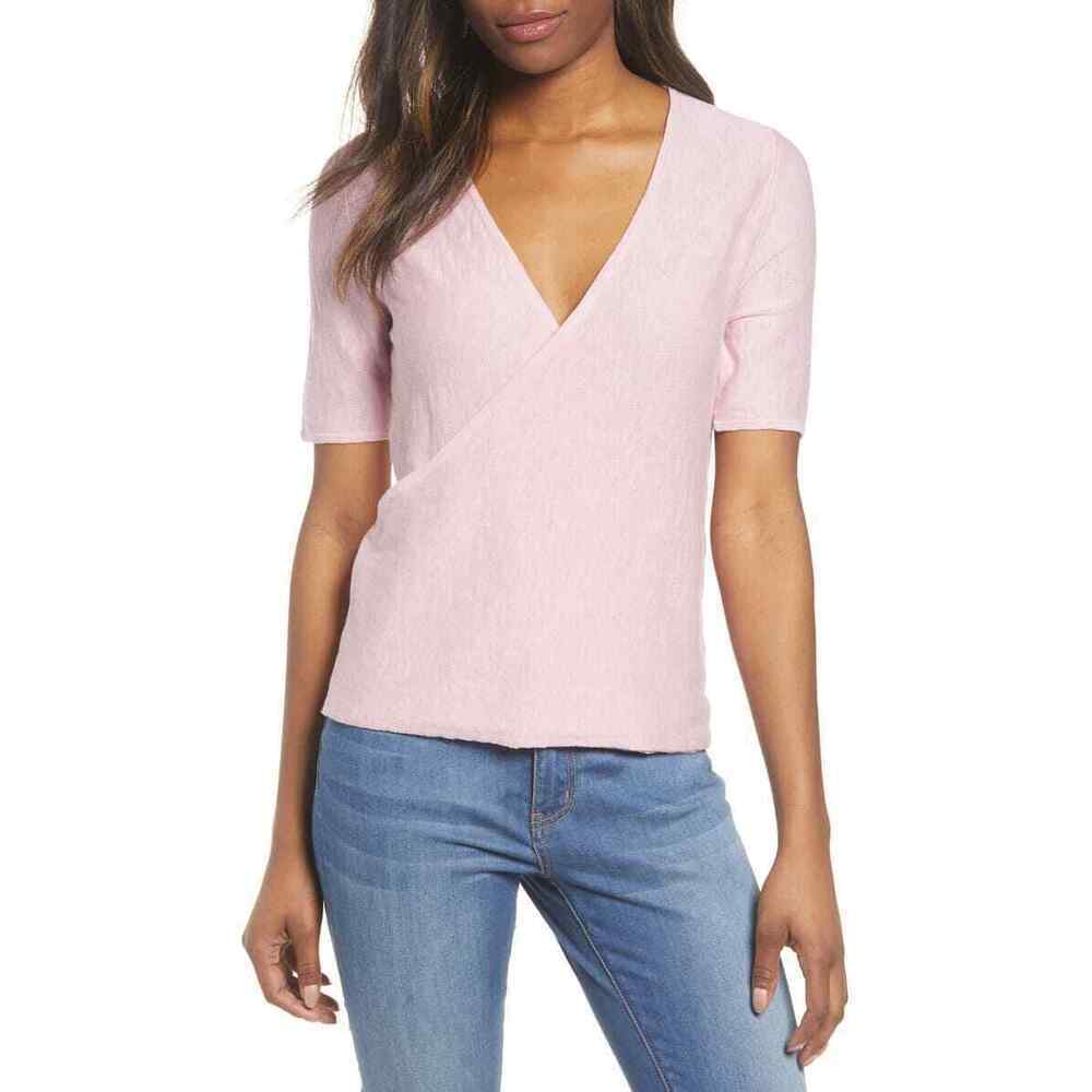 Caslon Wrap V Neck Short Sleeves Sweater Size In Pink Carnation Size XS $119